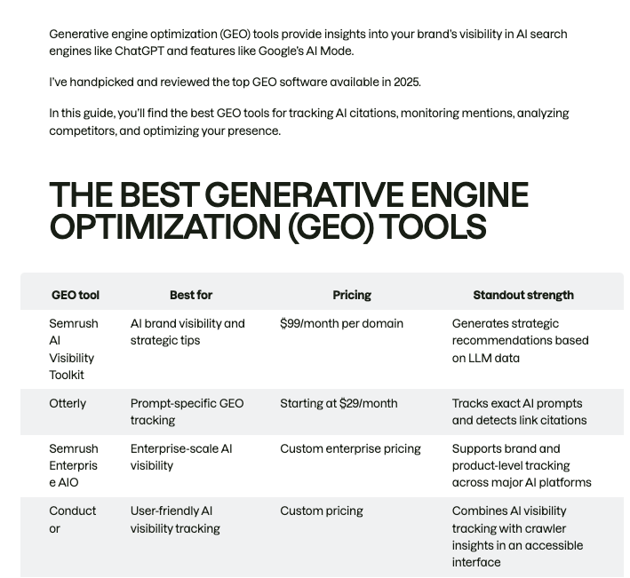 structured table after the introduction from Semrush's guide to the best generative engine optimization (GEO) tools