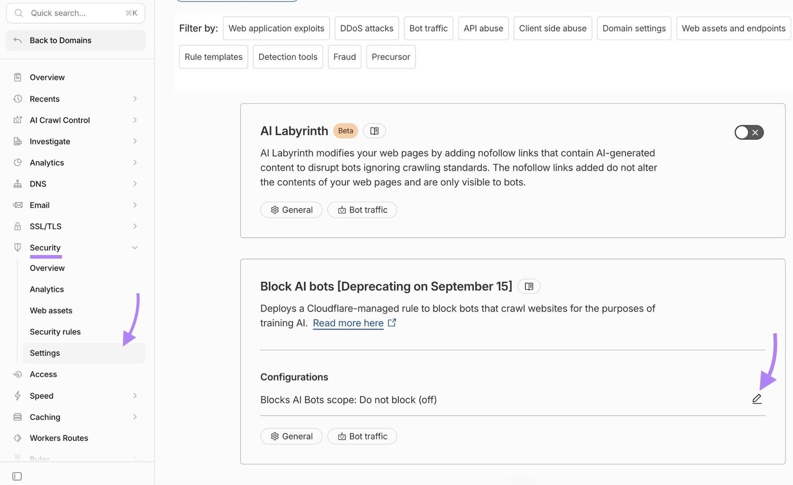 Security settings on Cloudfare with the edit button clicked in the Block AI bots section.