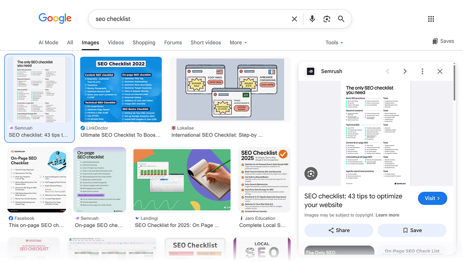 Google Images results for “seo checklist” showing infographic-style SEO checklist graphics from multiple websites