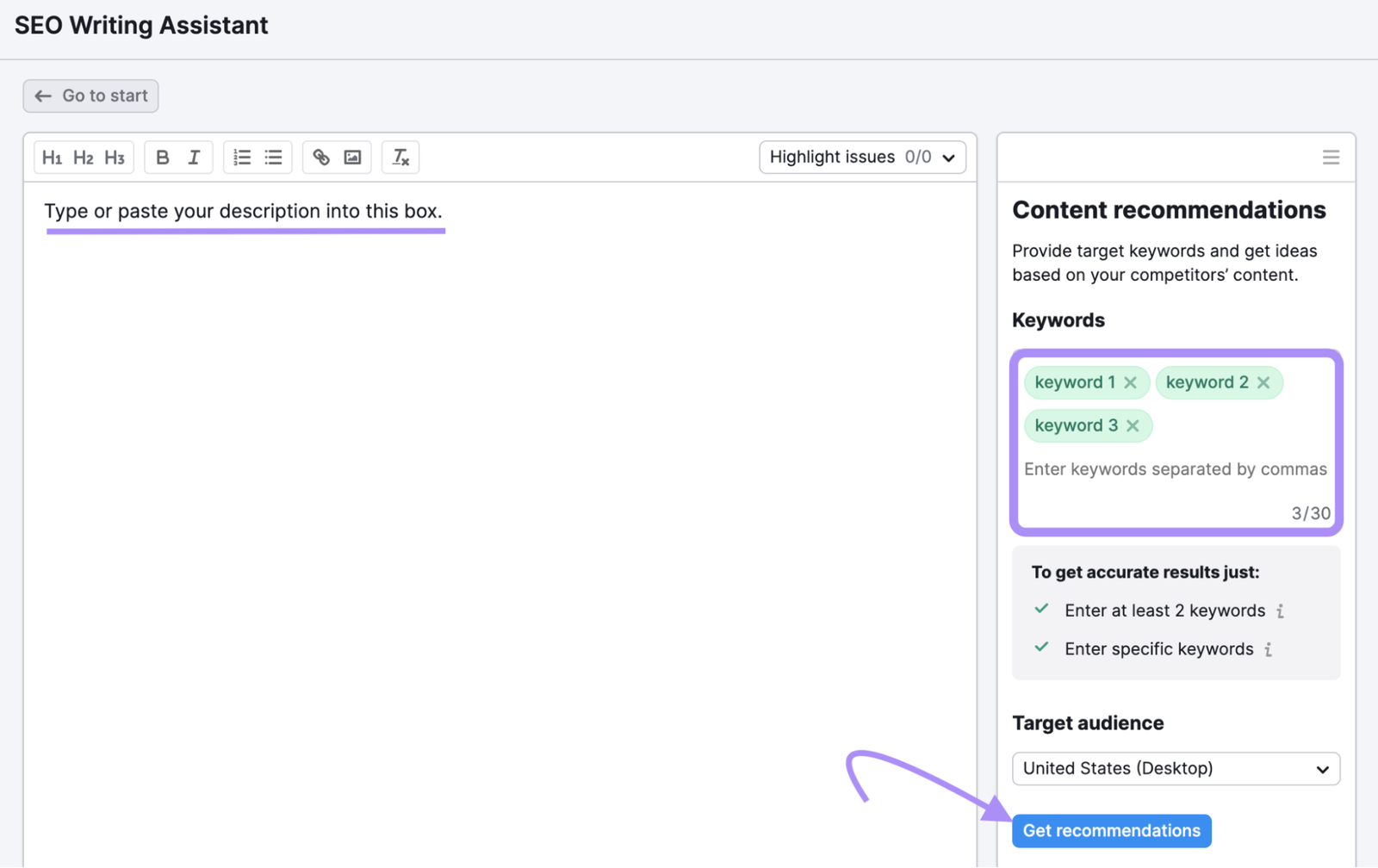 "Get recommendations" button highlighted in SEO Writing Assistant tool