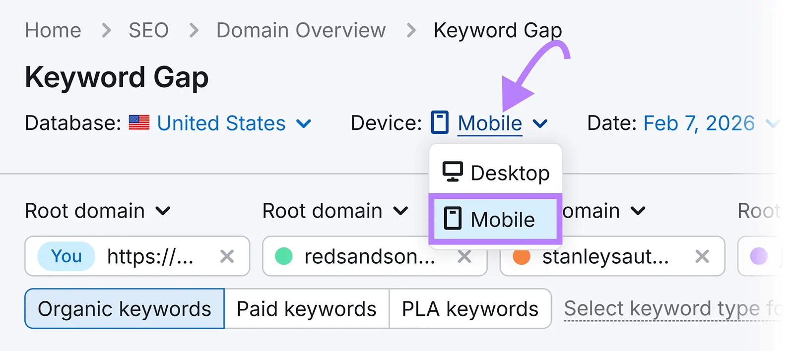 Selecting "Mobile" as the device on the Keyword Gap report.