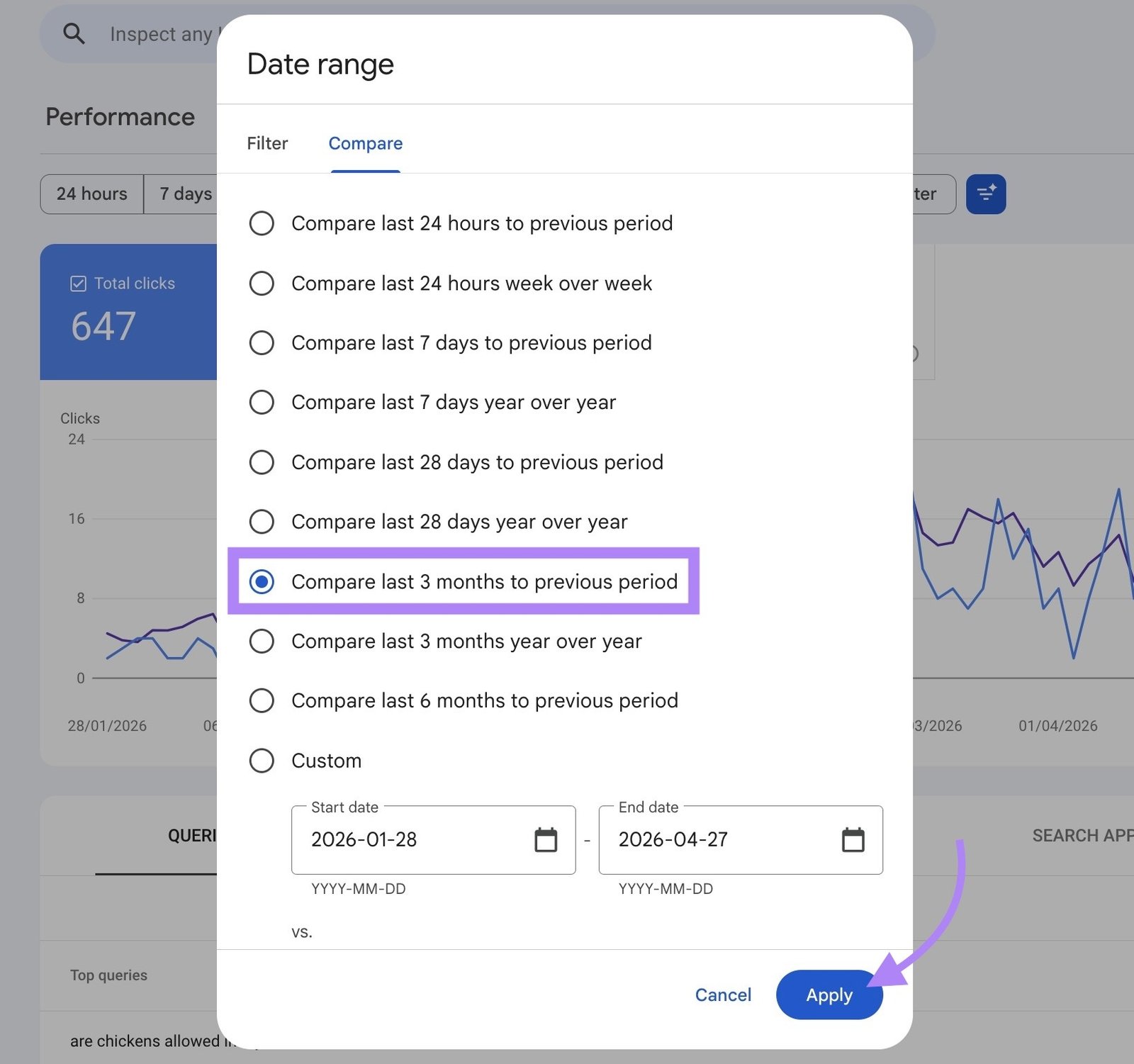 The "Date range" filter on GSC with "Compare last 3 months to previous period" selected and "Apply" clicked.