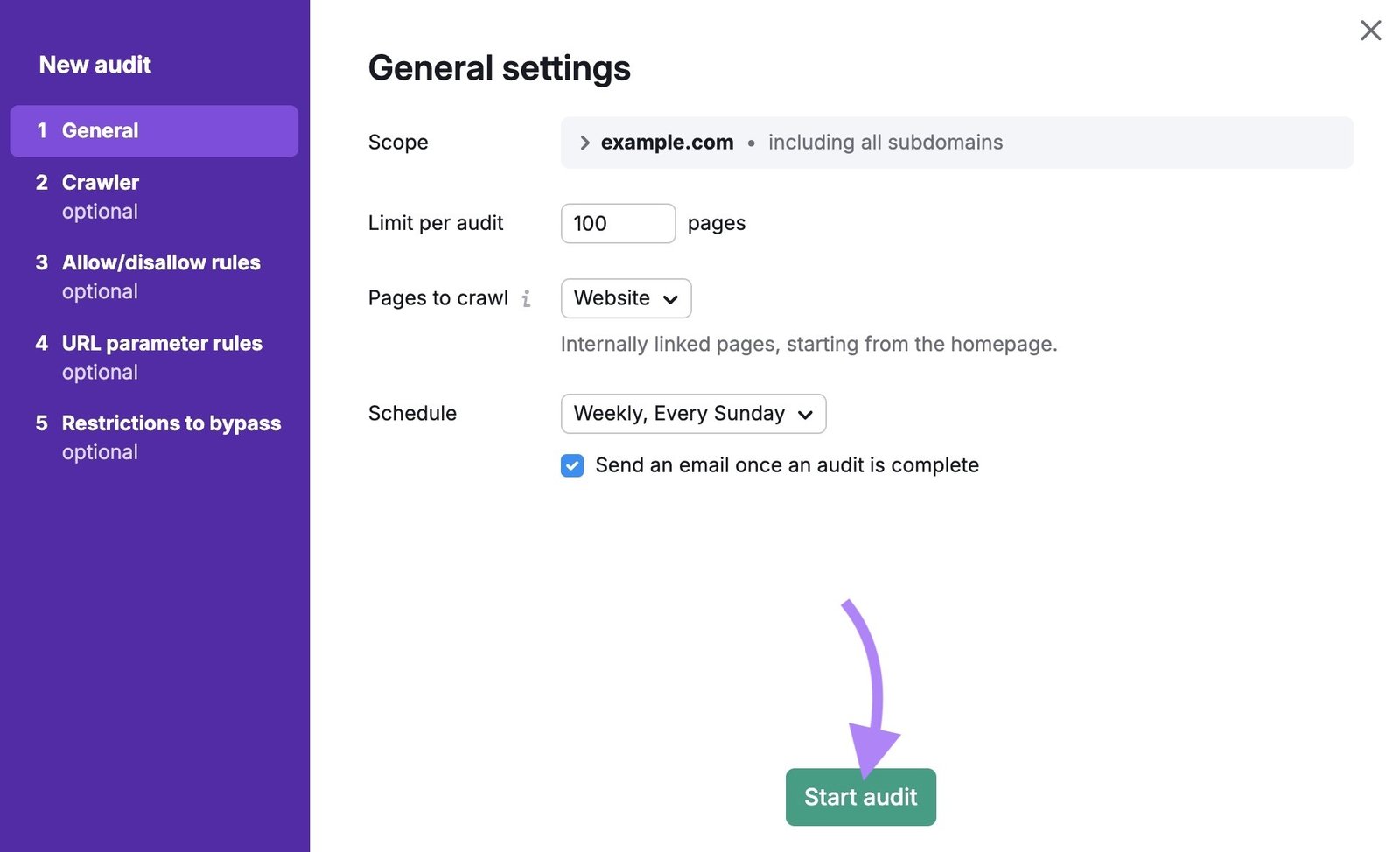 Site Audit configuration settings along with "Start audit" clicked.