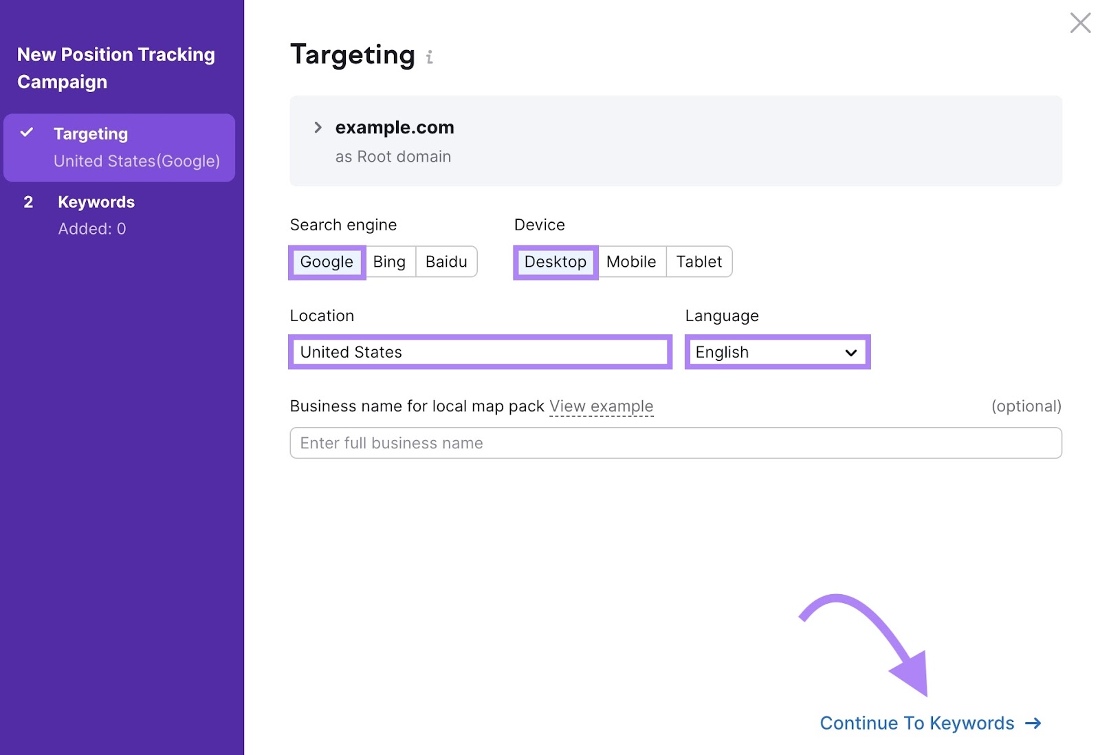 Targeting settings on the Position Tracking tool with a search engine, device, location, and language selected.