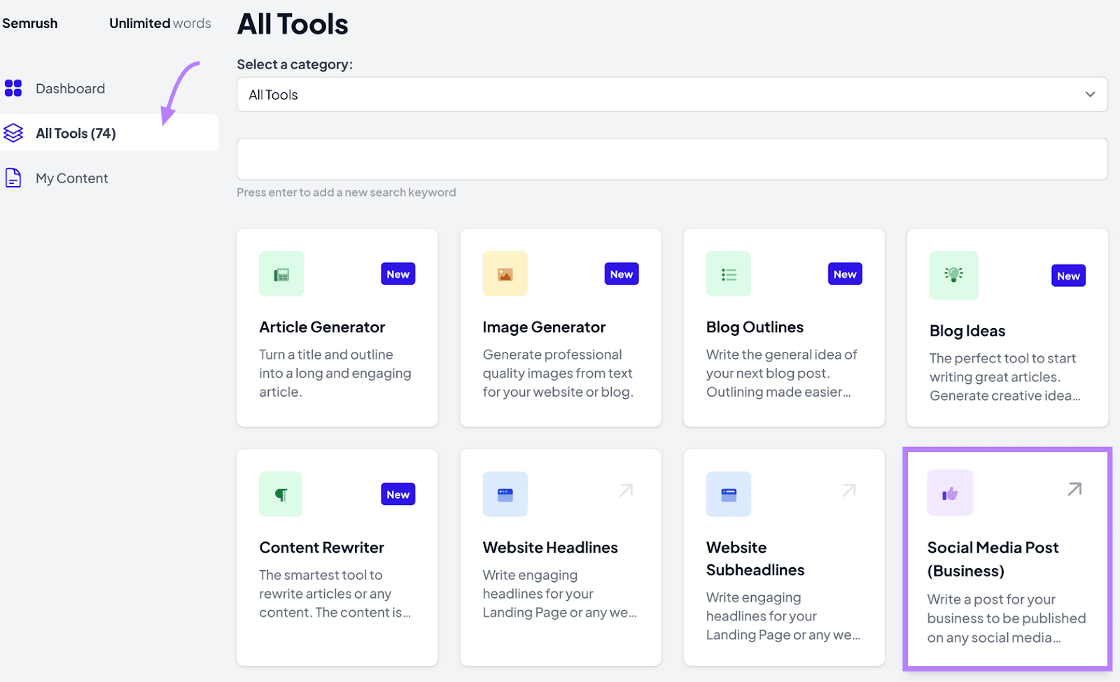 AI Writing Assistant interface, with various options represented in a card format, and a focus on Social Media Post.