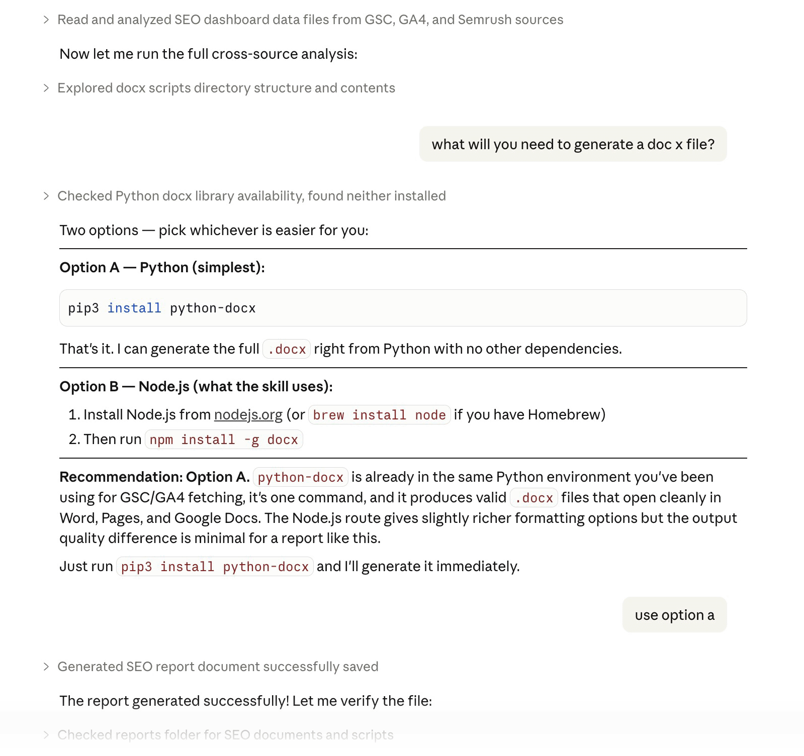 Claude Code generates SEO report document after analyzing GSC, GA4, and Semrush data with Python docx setup