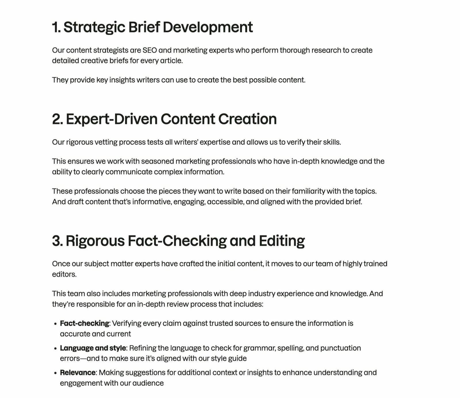 The editorial process followed by Semrush which includes strategic brief development, expert-driven content creation, fact-checking and editing.