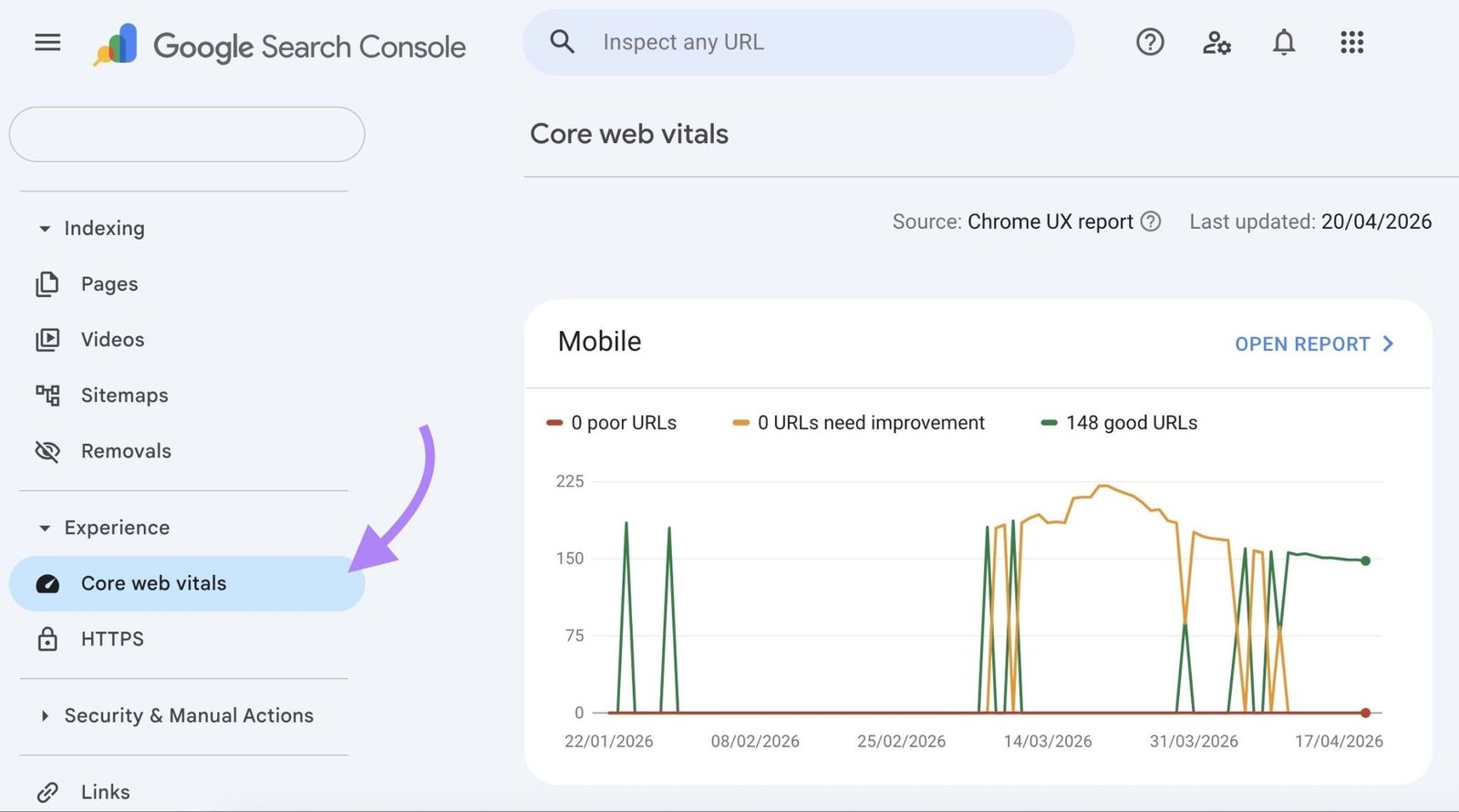 The “Core Web Vitals” report on Google Search Console.