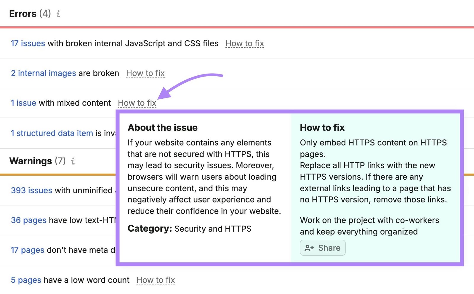 The "Issues" tab on Site Audit with "How to fix" next to an issue clicked showing more information on how to address it.
