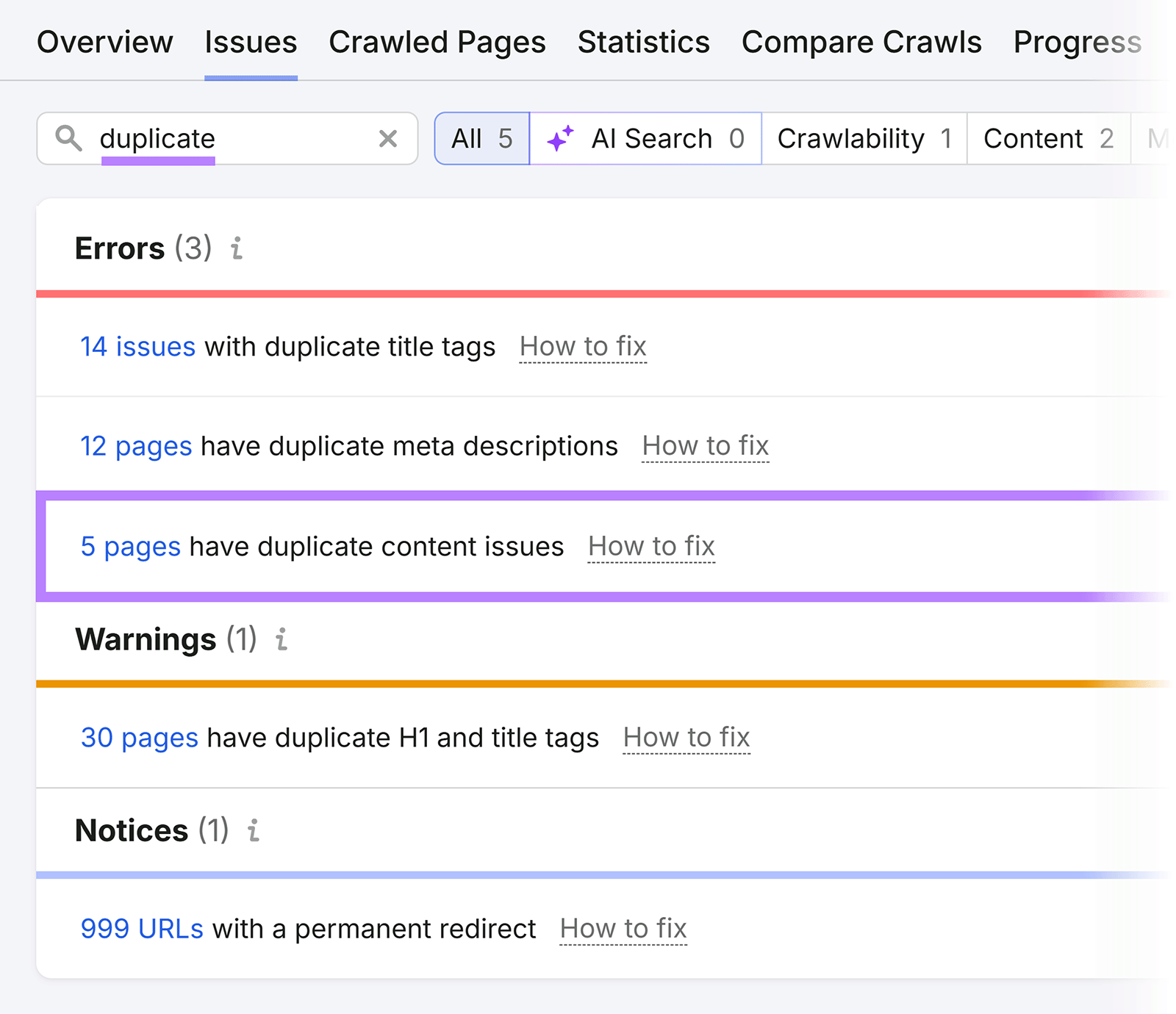 Semrush Site Audit issues filtered for duplicate content problems