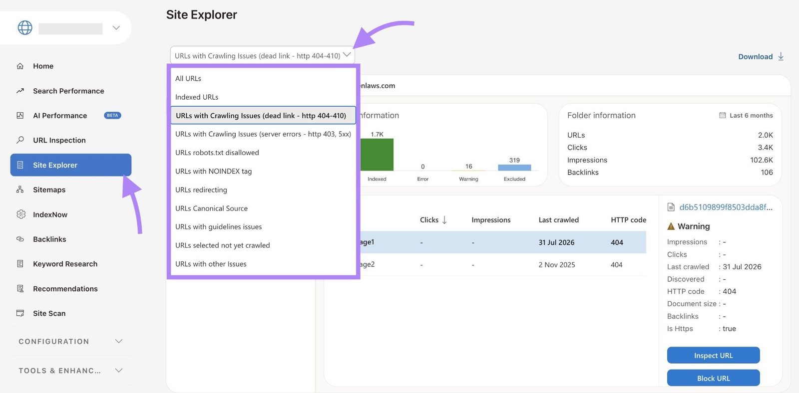 The issue drop-down expanded on the Site Explorer tab on Bing Webmaster Tools.