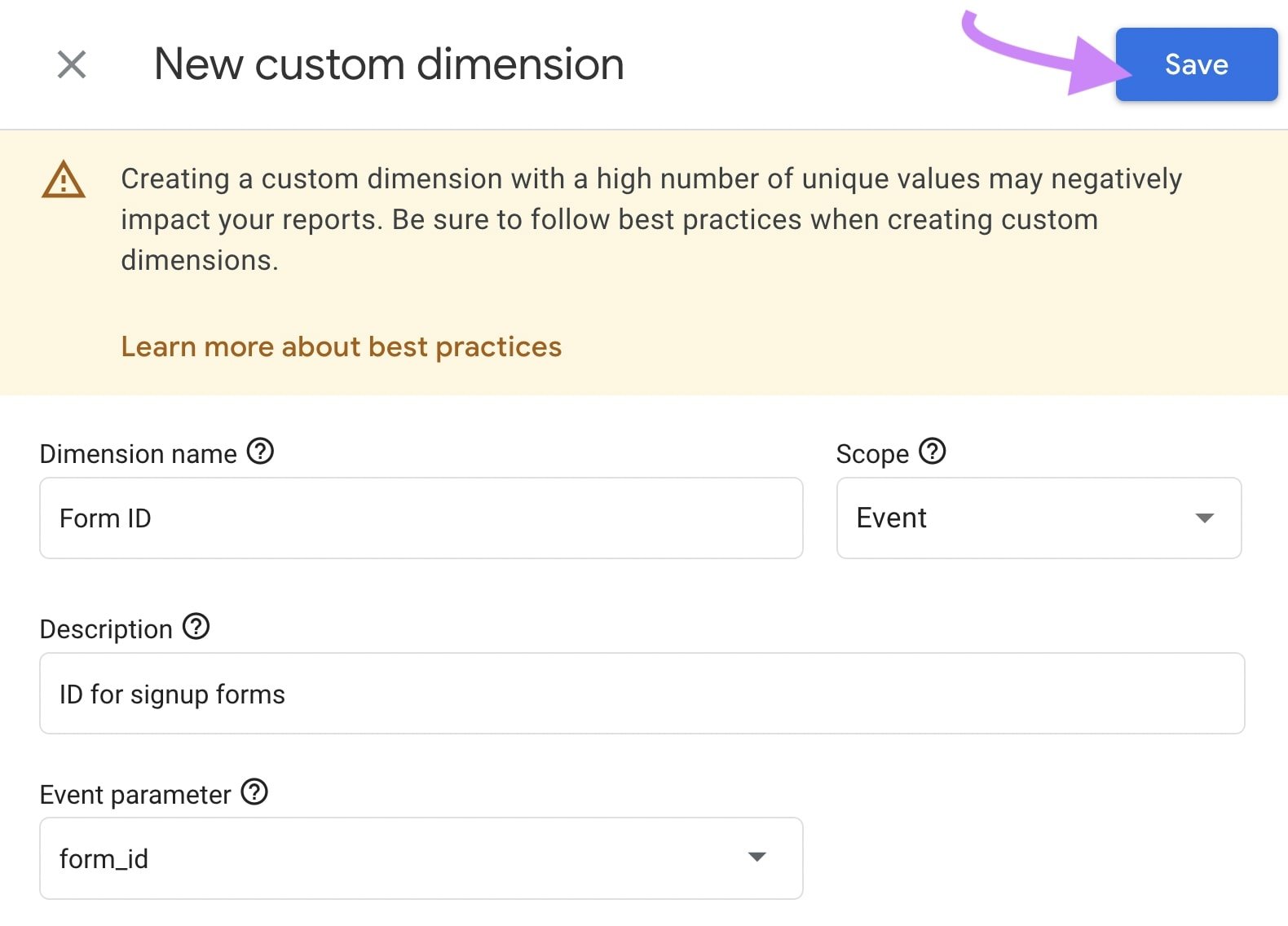 "New custom dimension" pop-up screen