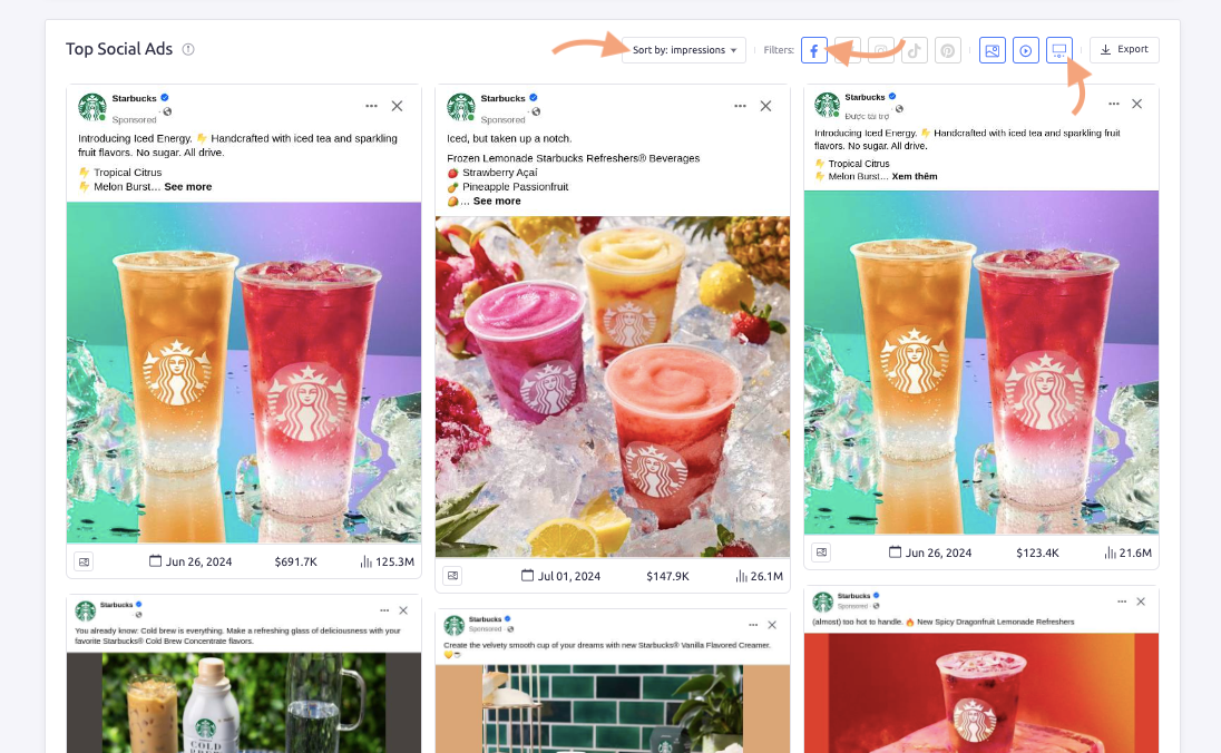 The top social ads for Starbucks filtered for Facebook and ranked by impressions.
