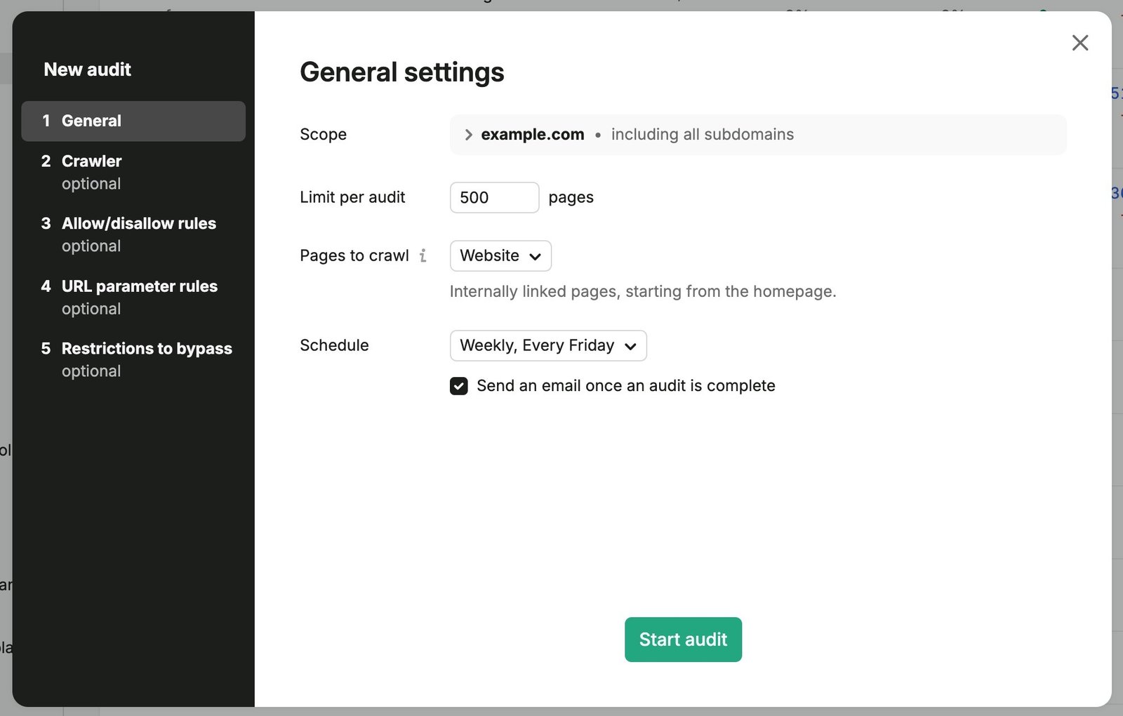 General settings on Site Audit with the crawl scope and schedule selected.
