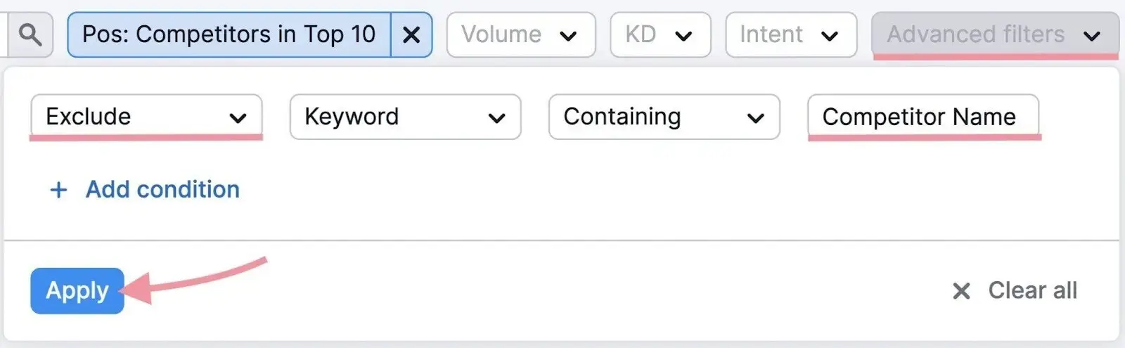 Applying a filter on Keyword Gap to exclude terms with a competitor’s name.