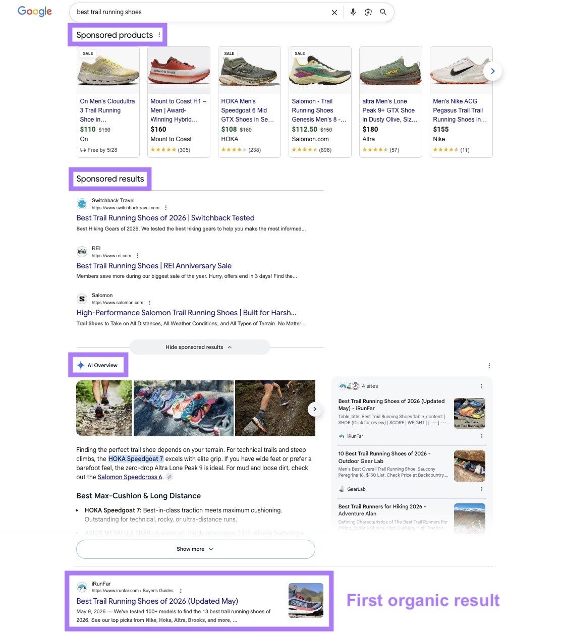 Google SERP showing shopping carousels, paid ads, an an AI overview appearing before the first organic result.