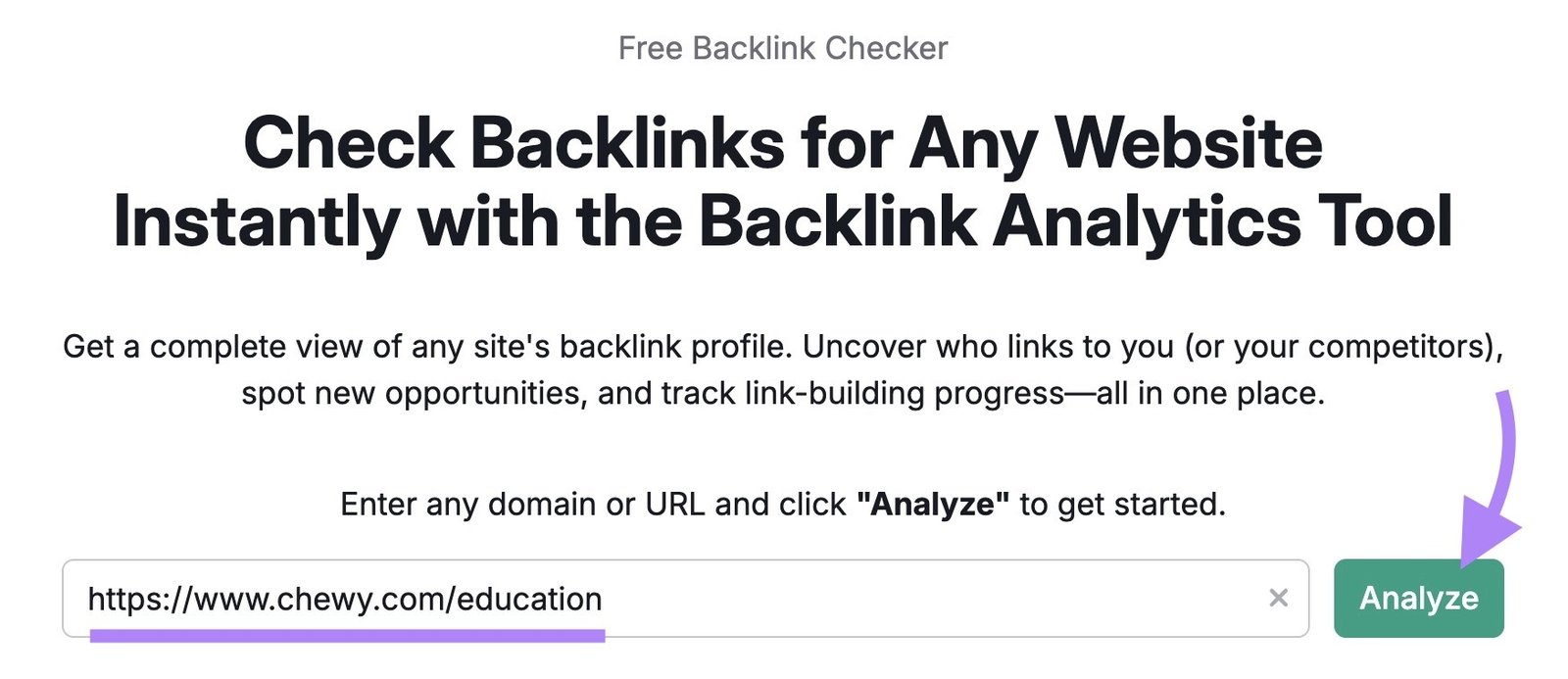 Backlink Checker tool start with the blog subfolder URL of a domain entered and "Analyze" clicked.