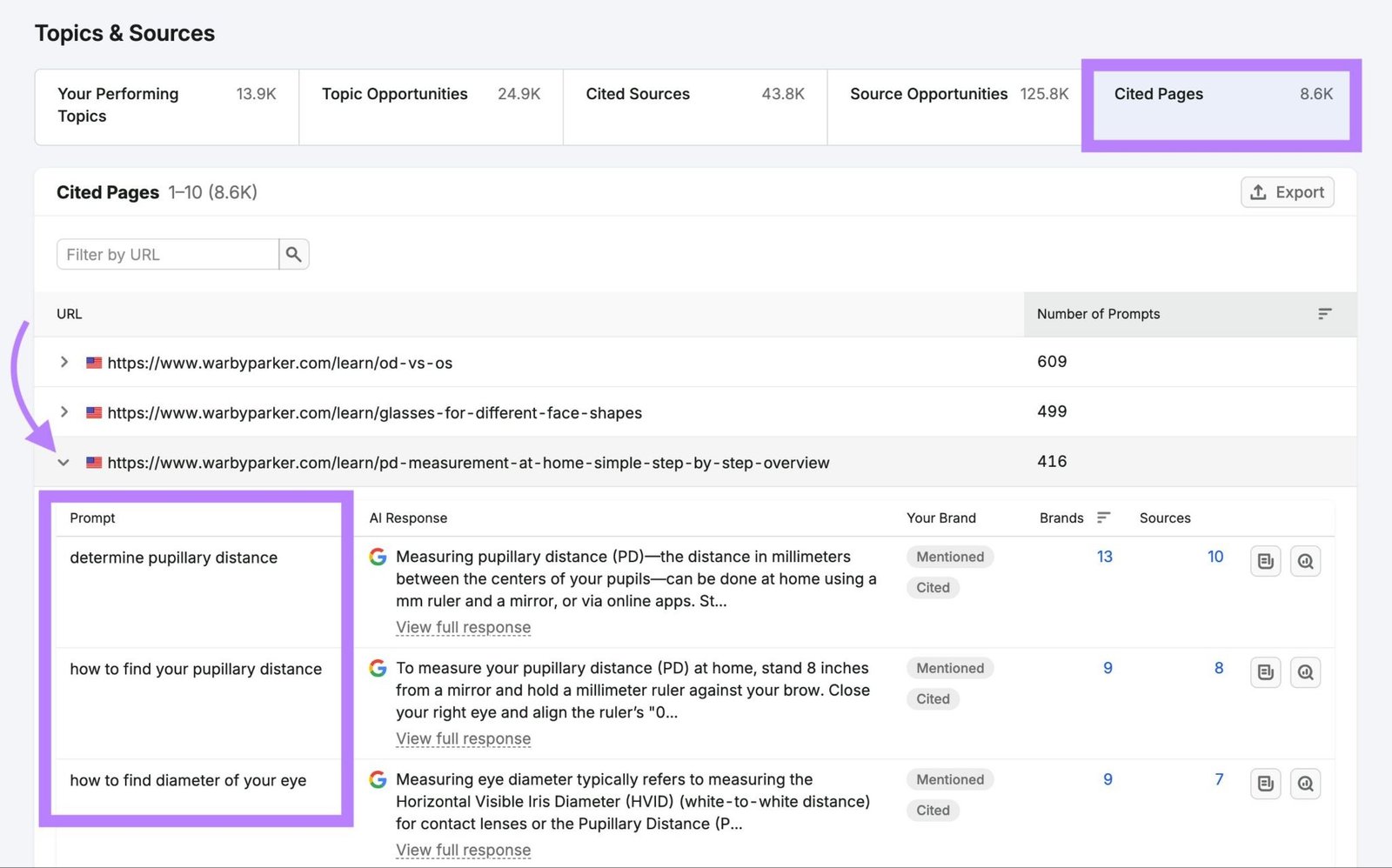 Cited Pages on Topics & Sources with a page expanded to show the prompts that led to citations.