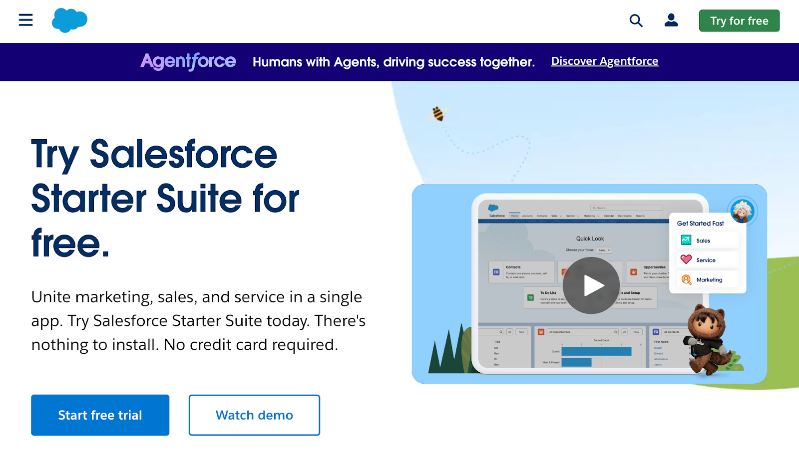 Salesforce B2B ecommerce page focuses on their starter suite of tools and showcases a video