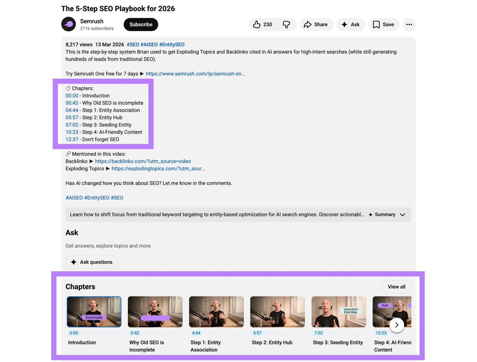 A video on YouTube by Semrush with the timestamps and chapters in the video description highlighted.