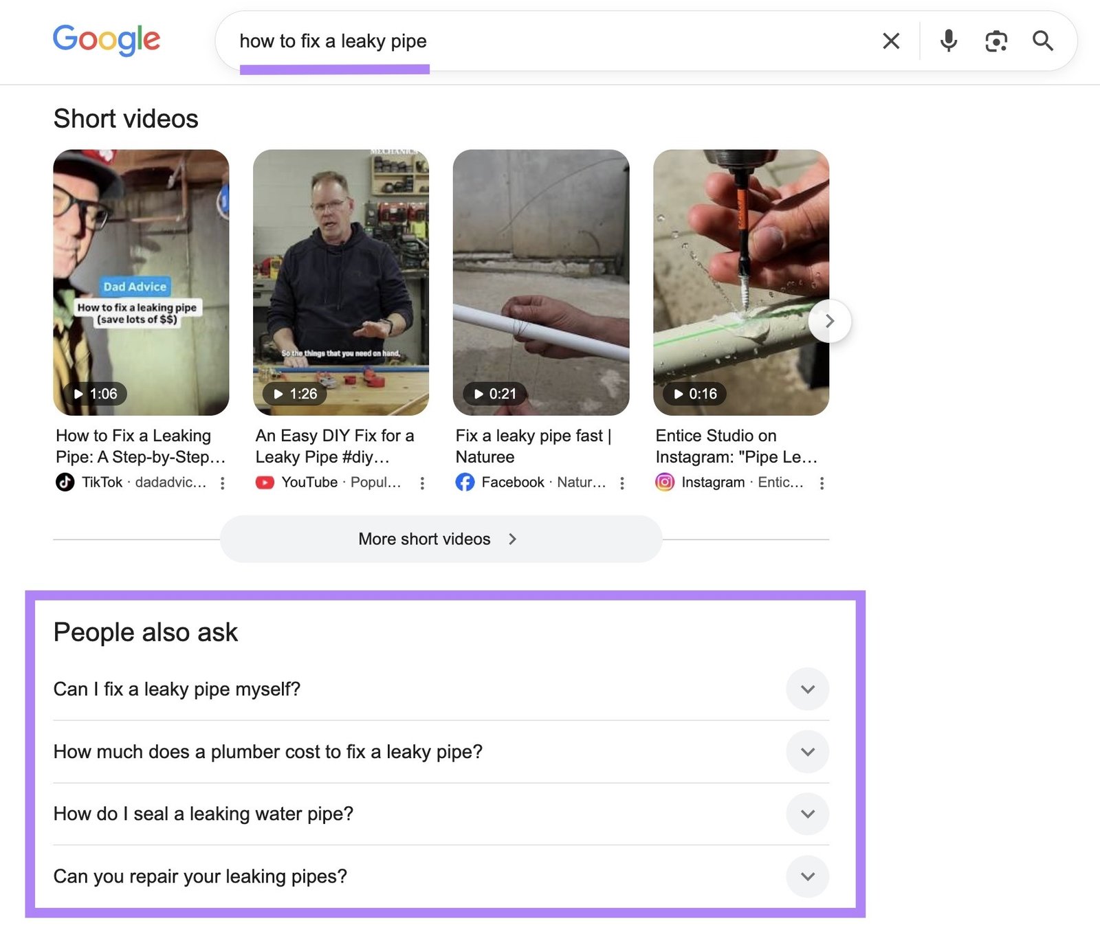 Google SERP for the term "how to fix a leaky pipe" with the "People also ask" section highlighted.