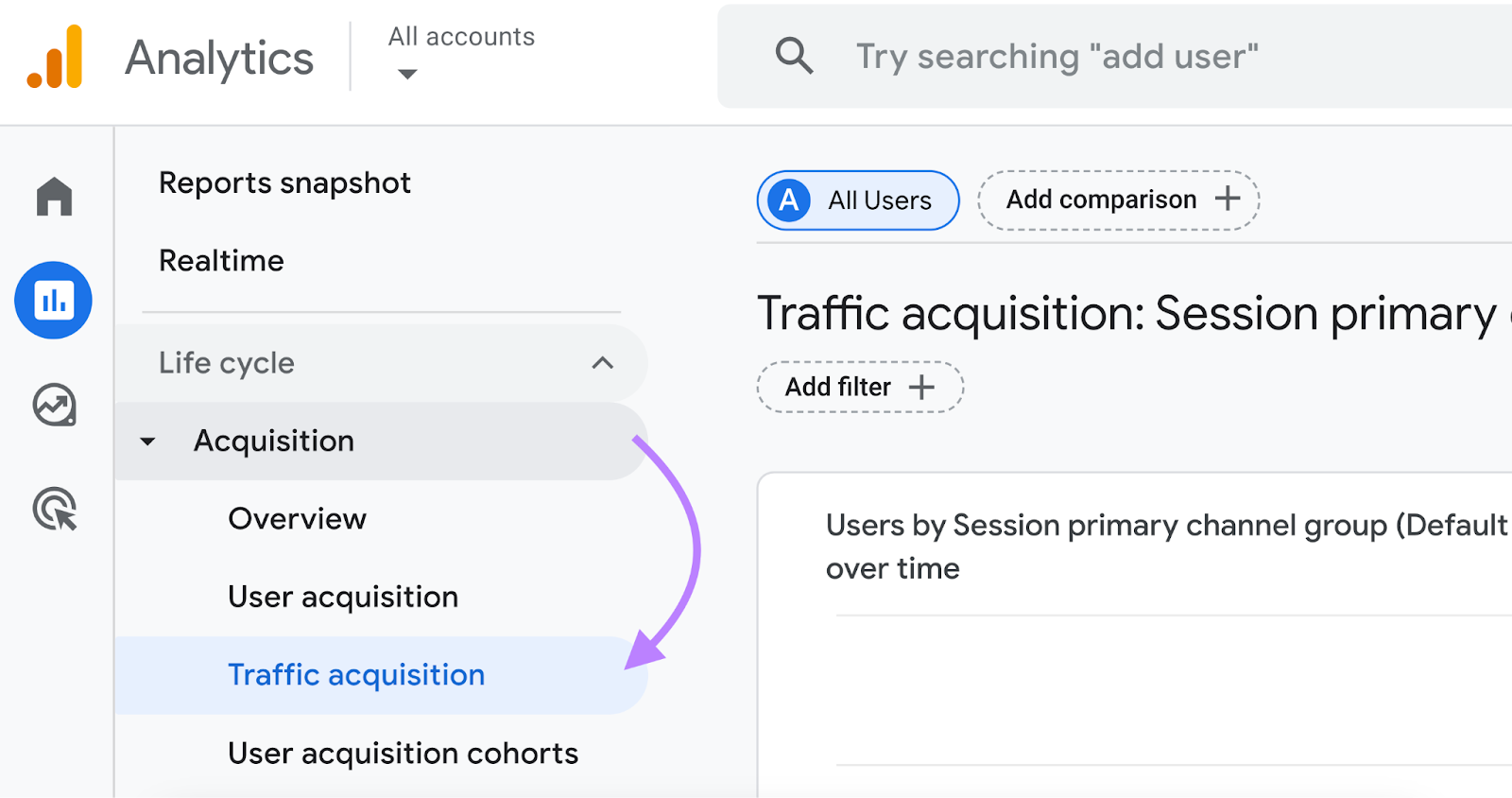 "Traffic acquisition" clicked from the "Acquisition" dropdown on GA4.