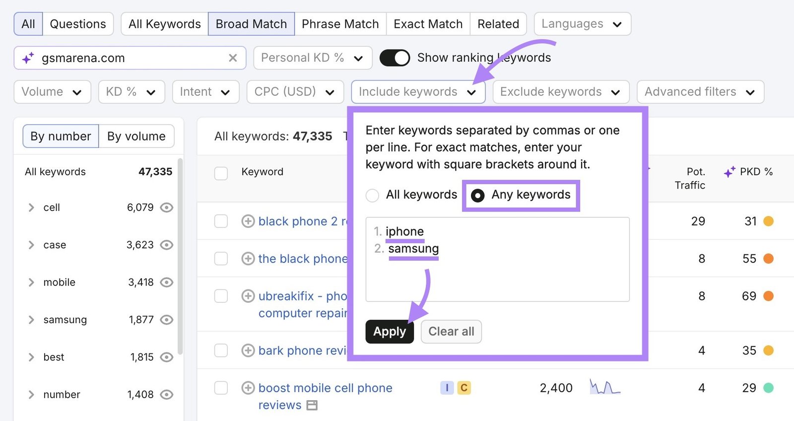 Applying a filter on the Keyword Magic Tool to only show terms which include the keywords "iphone" or "samsung".