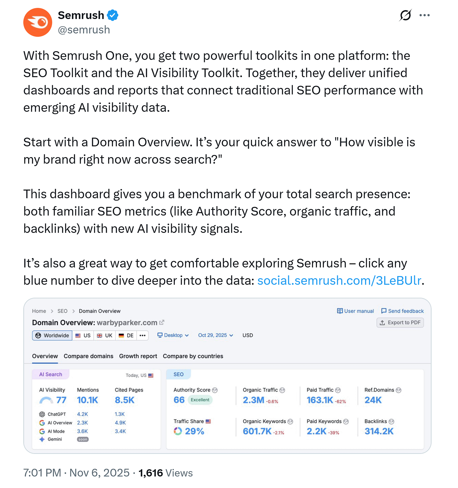 Tweet showing a Semrush Domain Overview screenshot with AI visibility and SEO metrics.
