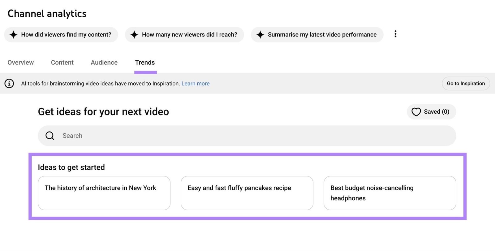 The "Trends" tab on Channel Analytics in YouTube Studio showing a list of trending video ideas to target.