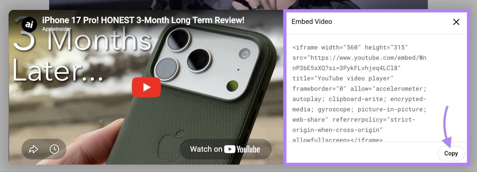 The "Embed Video" window on a YouTube video with "Copy" clicked.