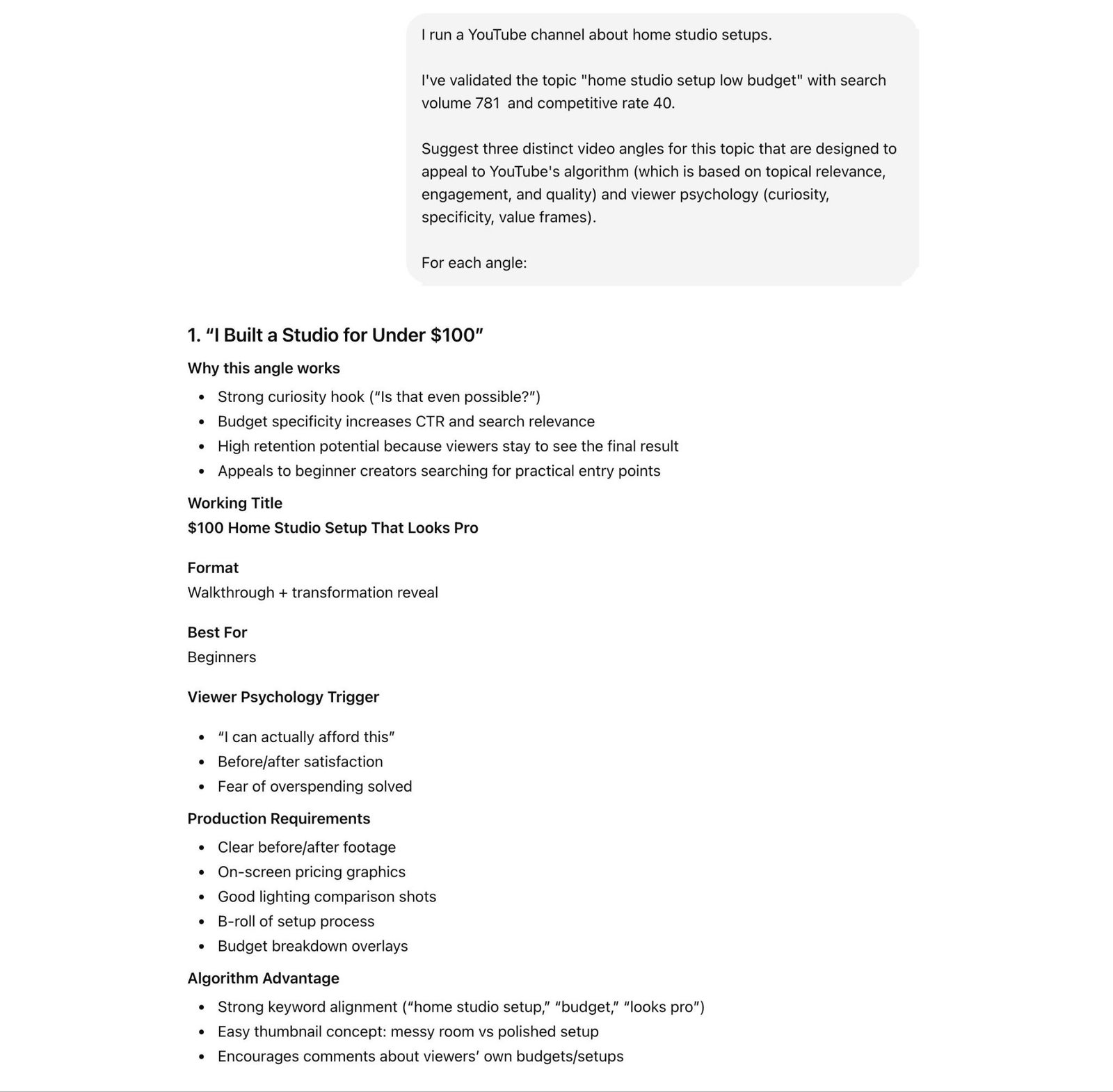 A YouTube video topic idea generated on ChatGPT along with recommendations on title, video format, video angle, and production requirements.