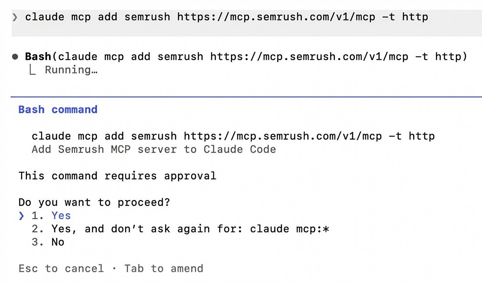 Claude Code terminal command adding Semrush MCP server and requesting approval to connect Semrush tools