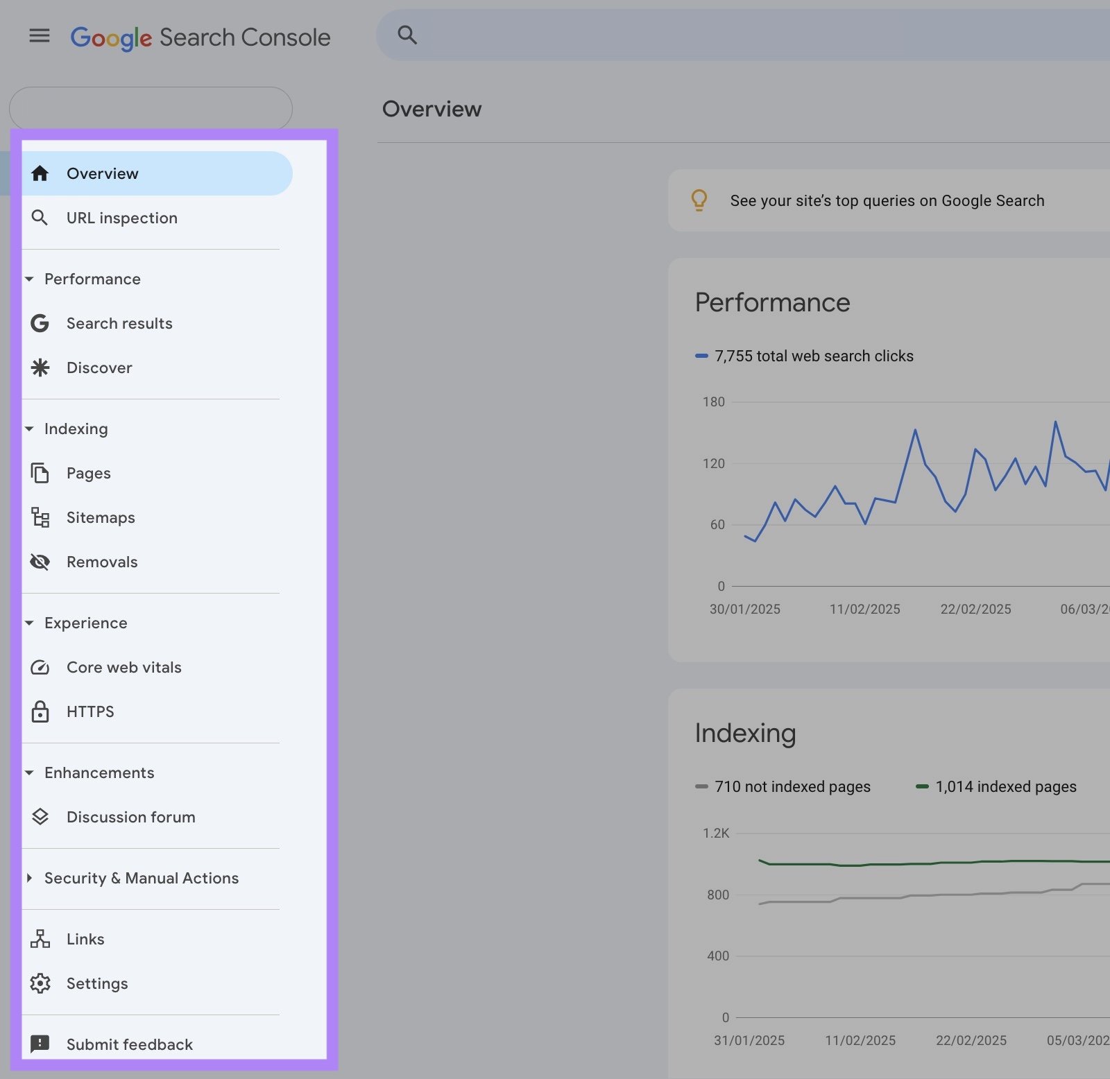 Google Search Console with the disavow tool absent from the menu on the left-hand side.