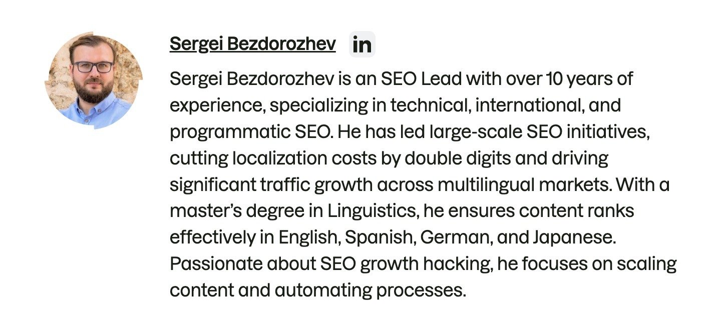 An author bio on a blog post by Semrush outlining the writer's credentials and expertise.
