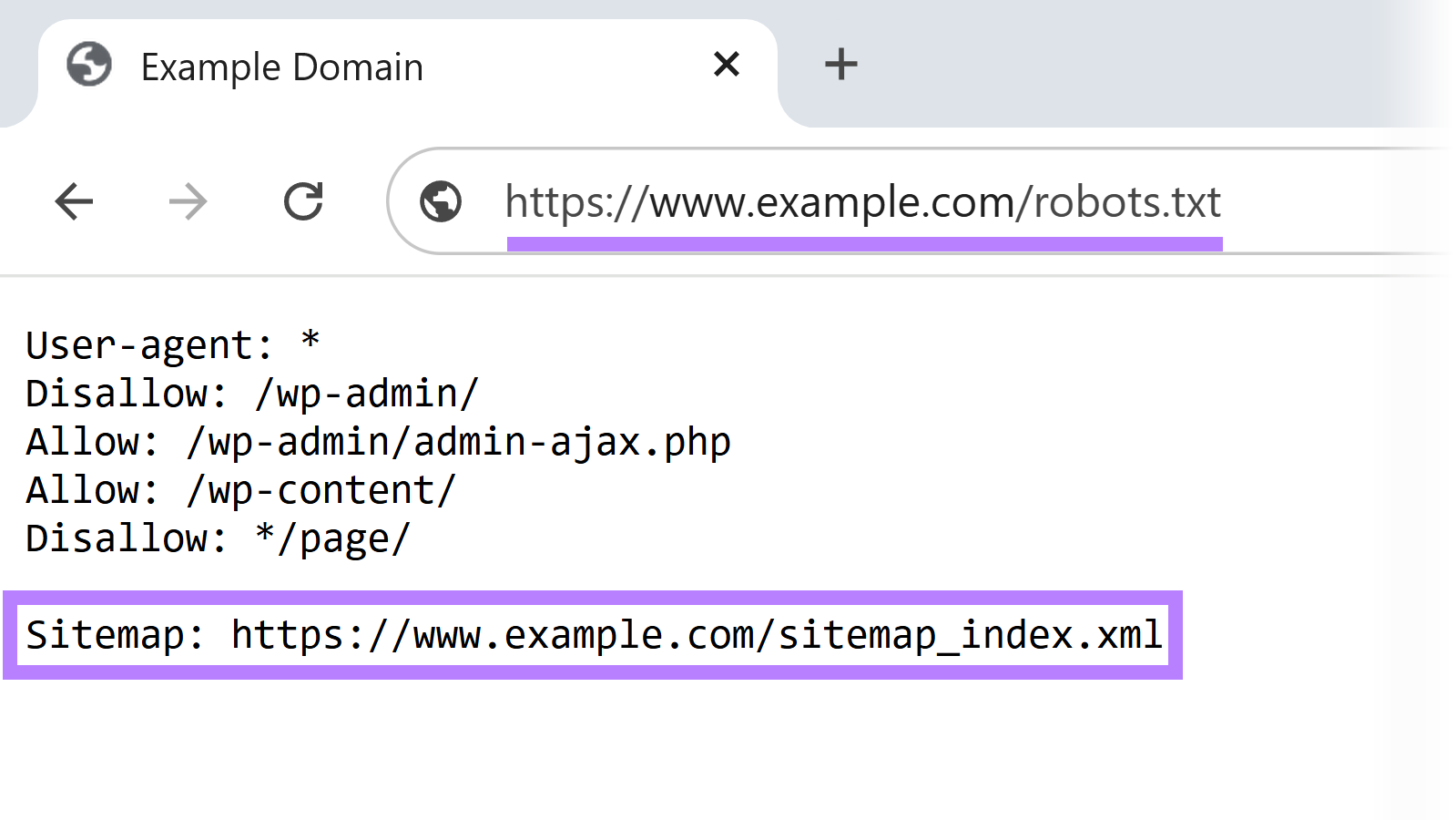 Browser view of a robots.txt file with sitemap URL highlighted