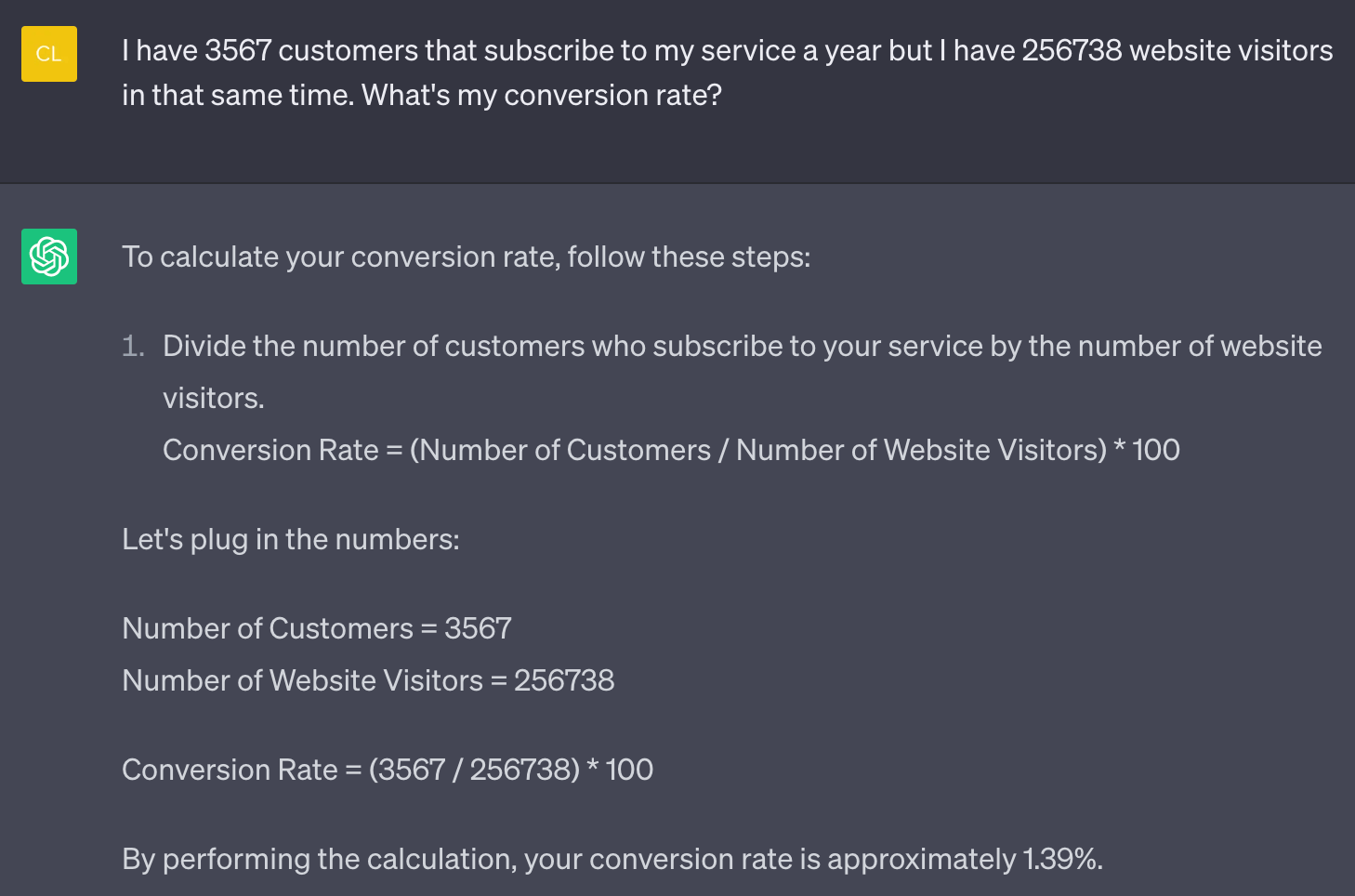 A prompt asking ChatGPT to calculate company’s conversion rate