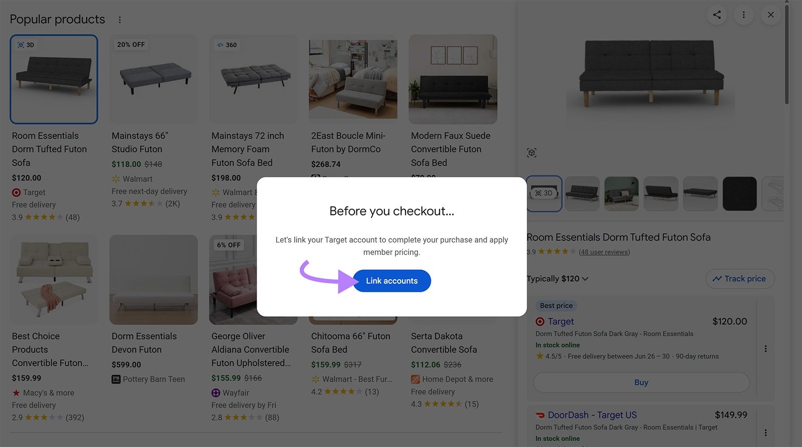 Google checkout pop-up asking users to link their Target account before buying
