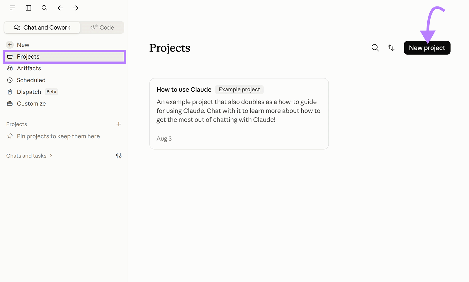 Claude Projects page with the Projects menu highlighted and an arrow pointing to the New project button