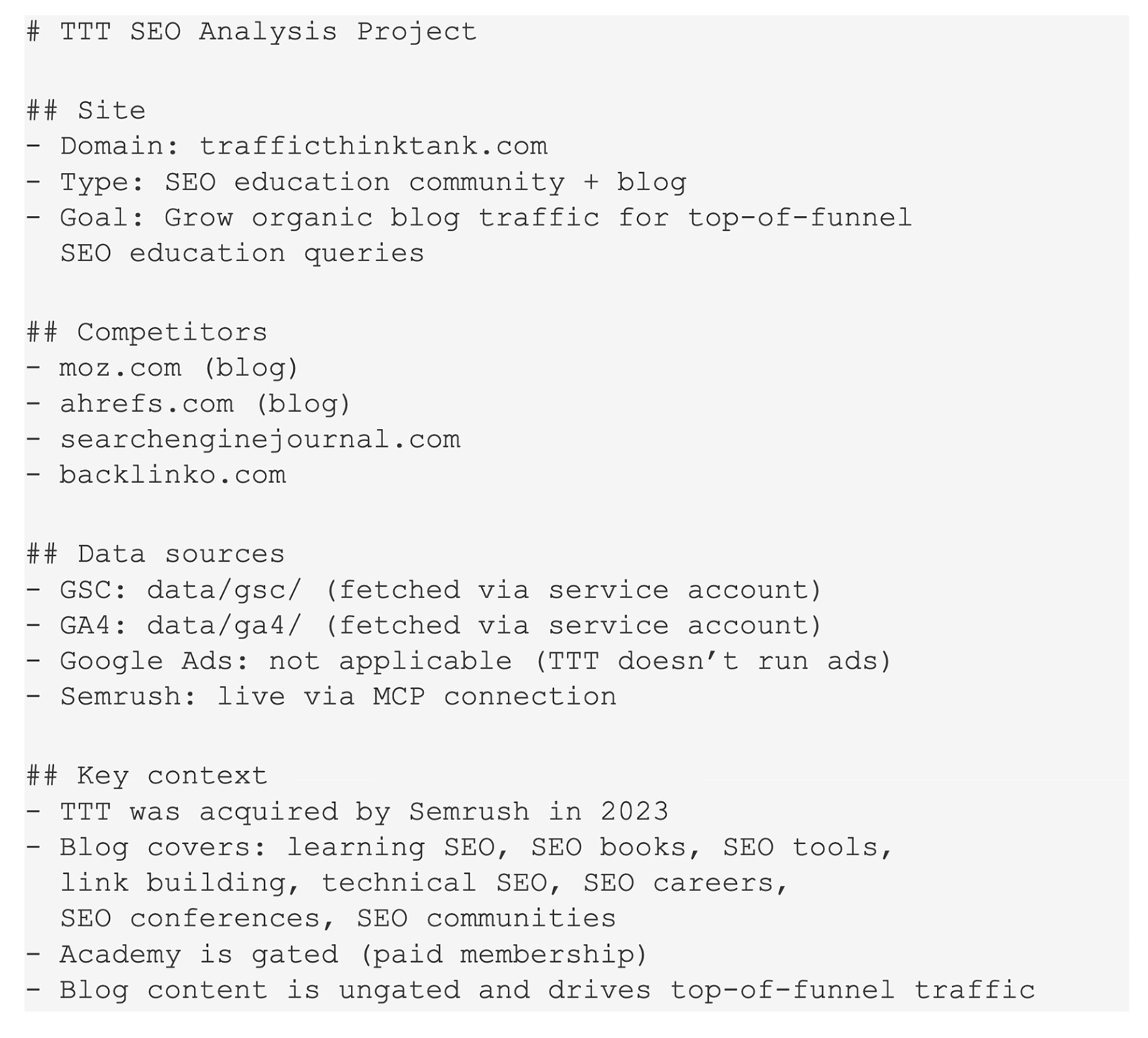 Markdown project brief for Traffic Think Tank SEO analysis with site goals, competitors, data sources, and strategy context