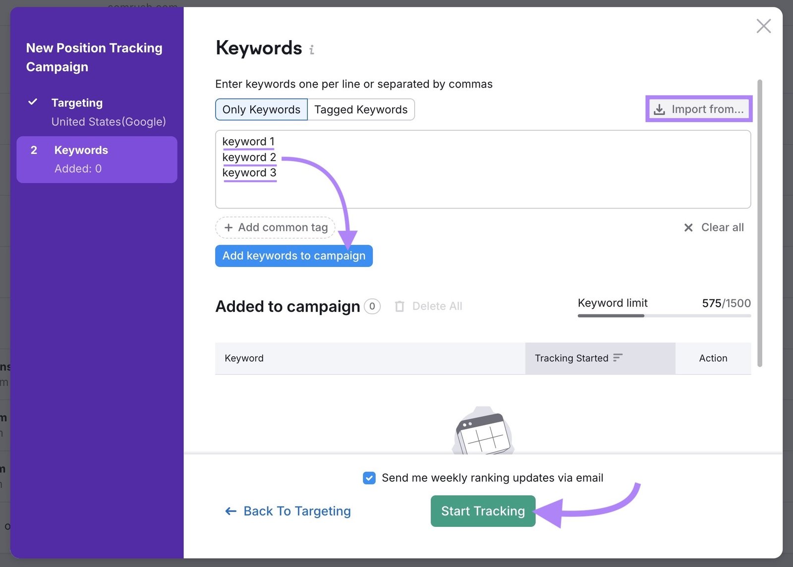 Keywords settings on the Position Tracking tool with options to add keywords manually or to import keywords.