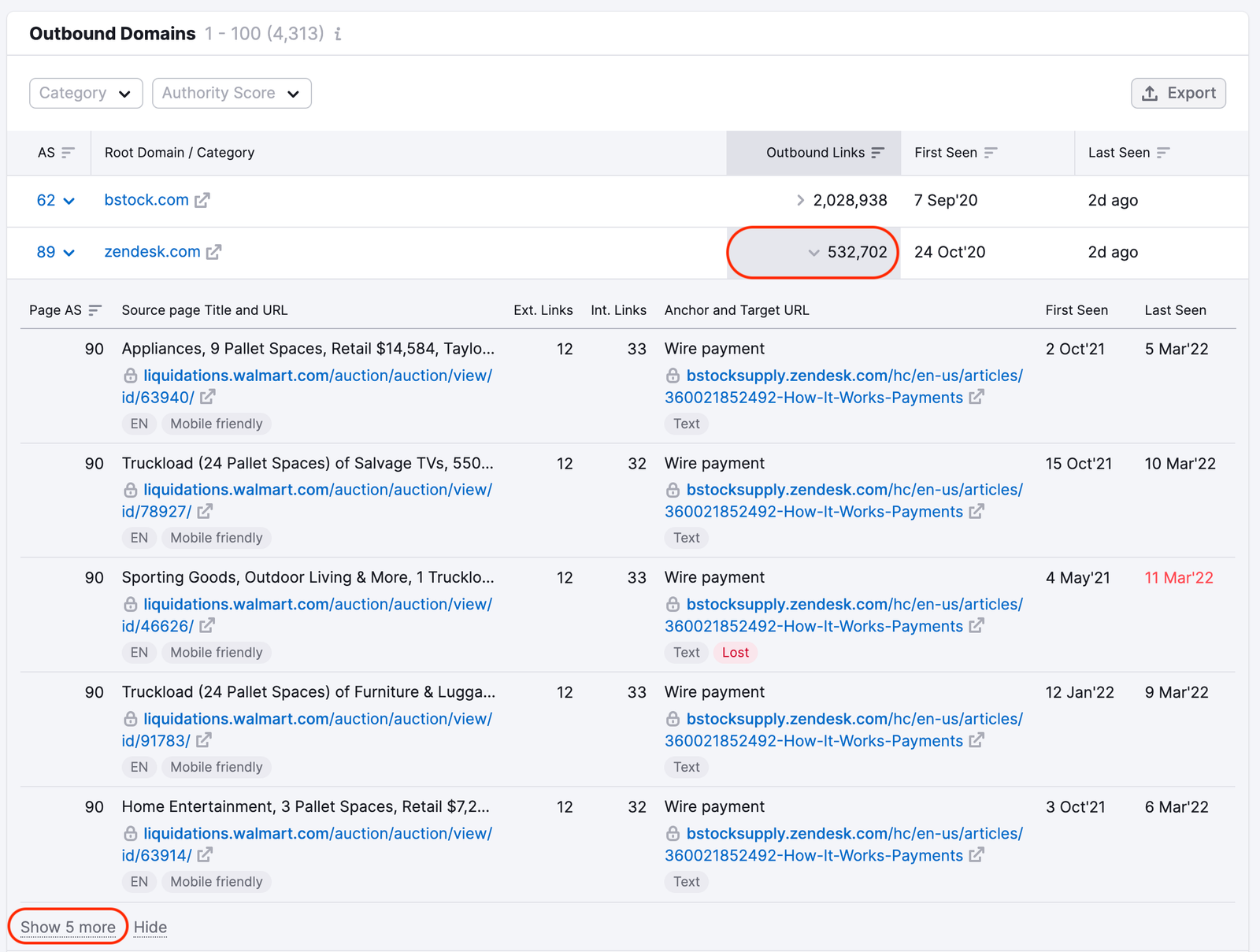 Backlinks tool Outbound Domains table