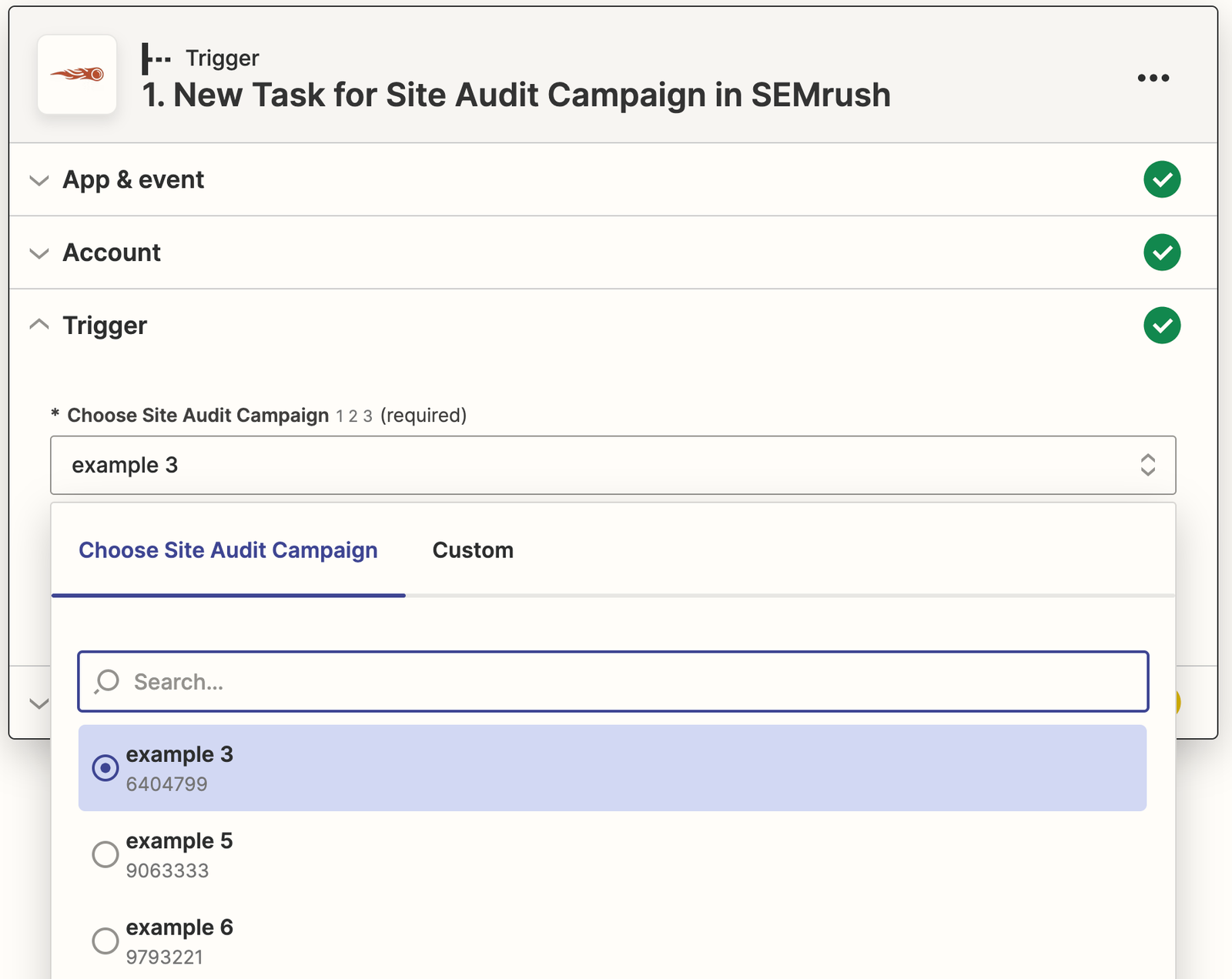 Screenshot from Zapier showing how to select a Site Audit campaign in the drop-down.