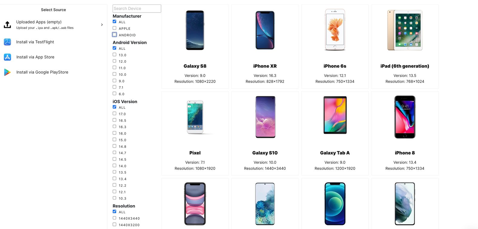 An example of the Mobile App Tester dashboard where you can select devices for app testing.